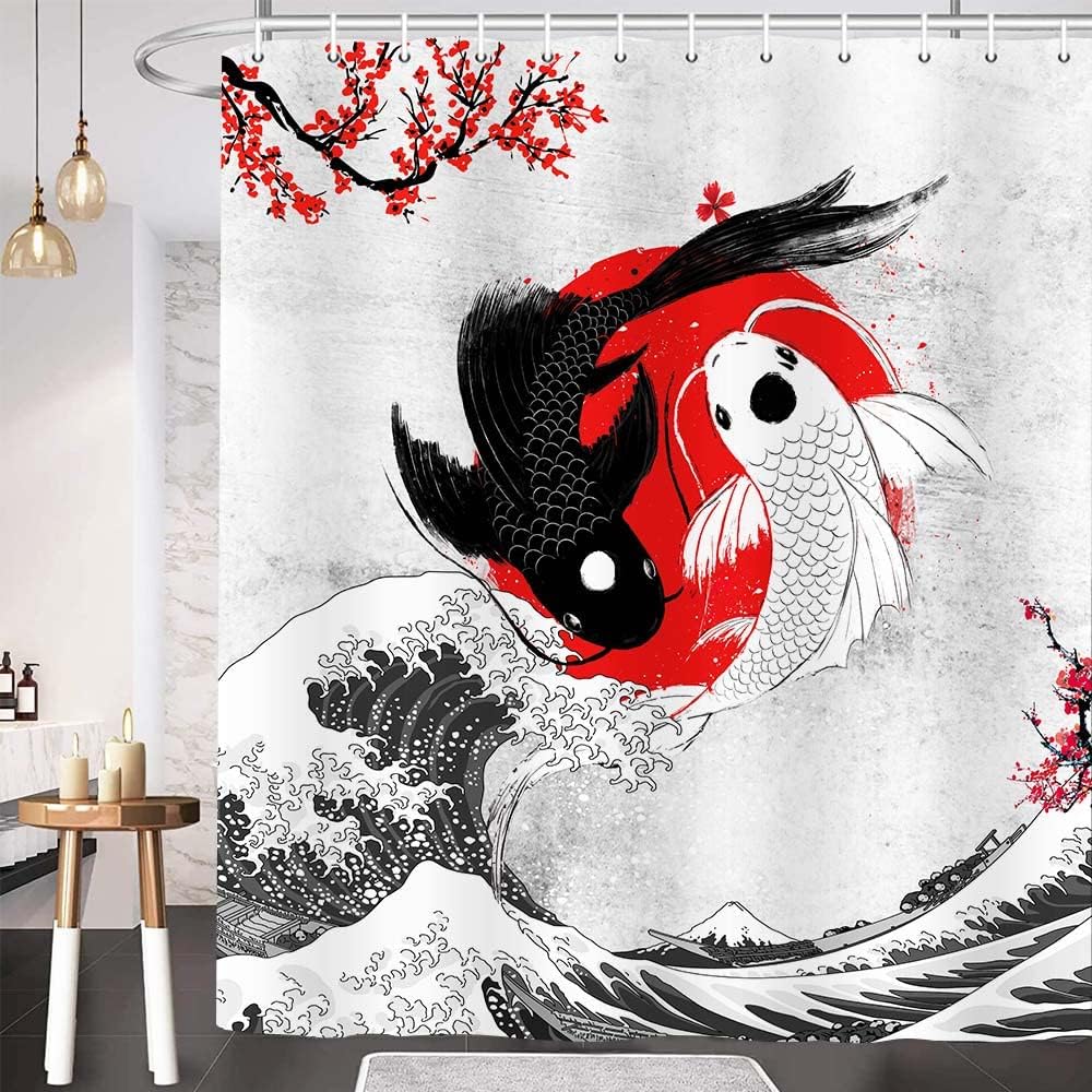 Elegant Japanese Yin Yang Koi Fish Shower Curtain With Pink Cherry Blossoms For Your Asian Bathroom - Image 3