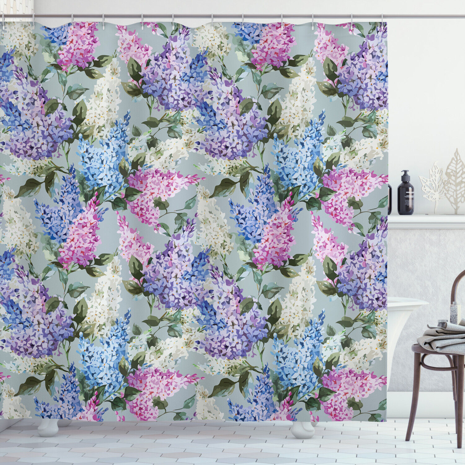 Elegant Mauve Shower Curtain Floral Garden and Leaf Print for Bathroom