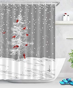 Elegant Merry Christmas Shower Curtain with Cardinals Bird on Snowy Design to Add Nostalgia to Your Bathroom Decor