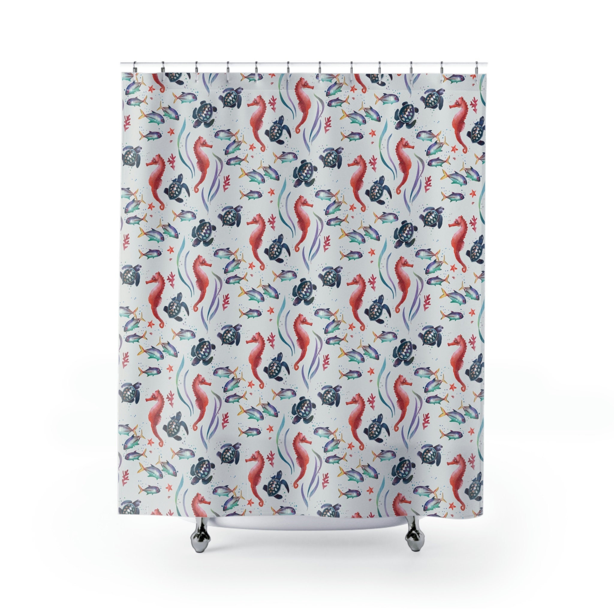 Elegant Nautical Shower Curtain with Seahorse and Sea Turtle Design for Your Bathroom