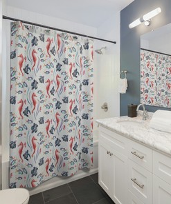 Elegant Nautical Shower Curtain with Seahorse and Sea Turtle Design for Your Bathroom