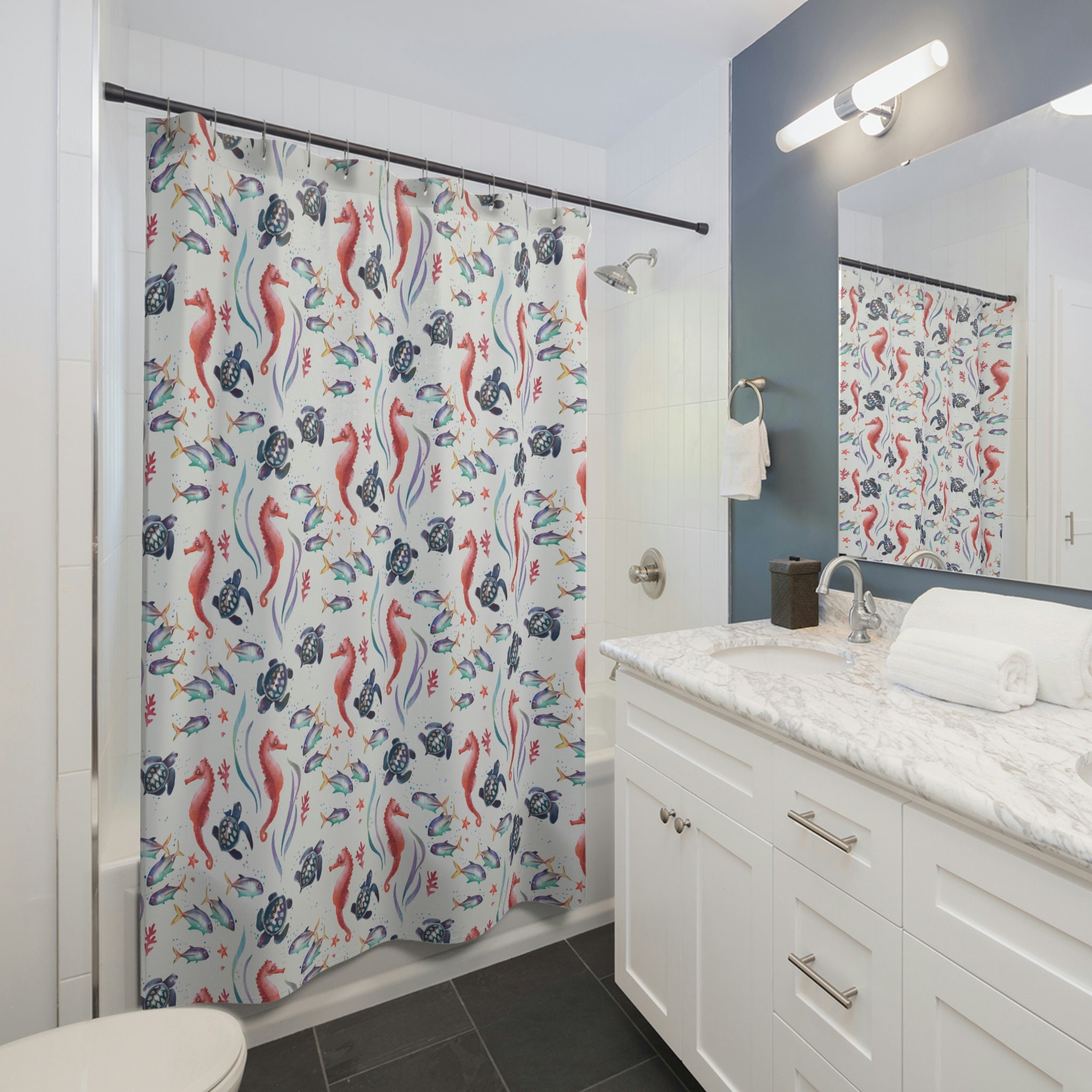 Elegant Nautical Shower Curtain with Seahorse and Sea Turtle Design for Your Bathroom