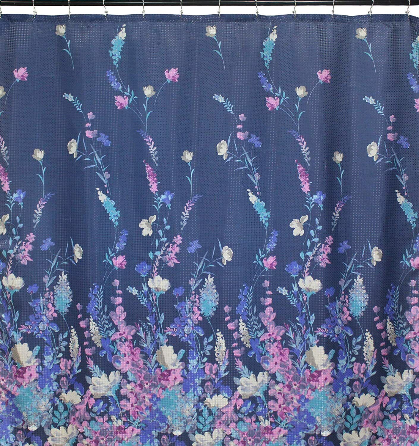 Elegant Navy Blue Wildflower Shower Curtain for Bathroom