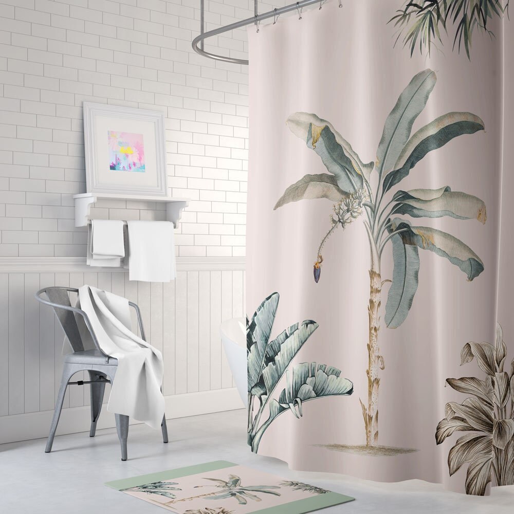 Elegant Palm Leaf Jungle Shower Curtain, Pink Fabric for Decorative Bathroom