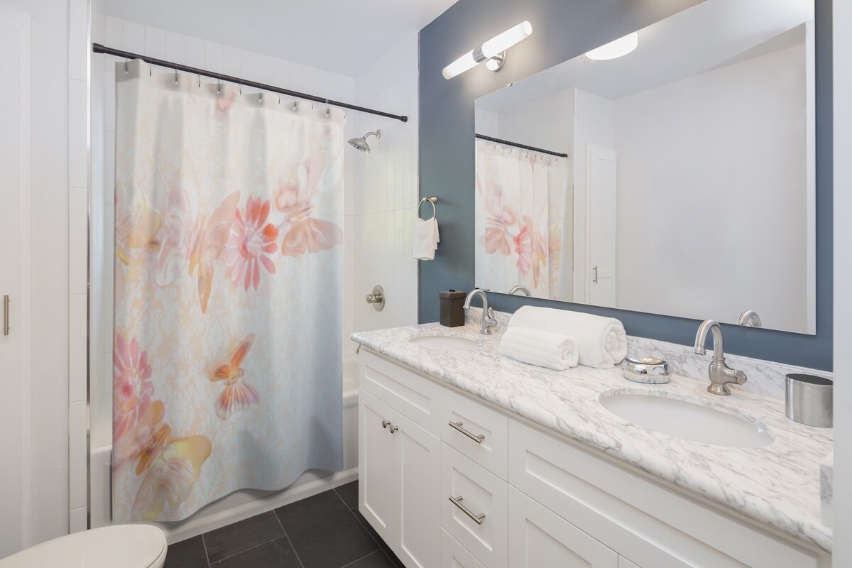 Elegant Pastel Butterflies Floral Shower Curtain - Luxurious Bathroom Decor Idea - Image 2