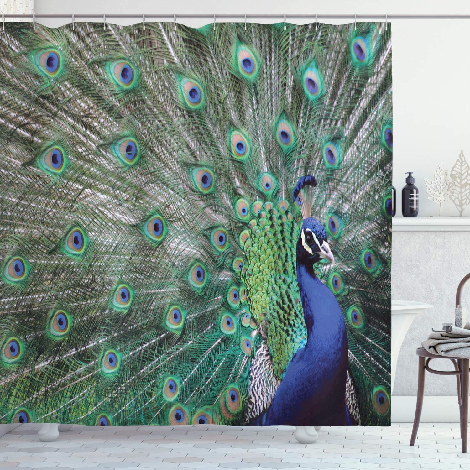 Elegant Peacock Feather Shower Curtain, Displaying Majestic Feathers Picture With Open Wings