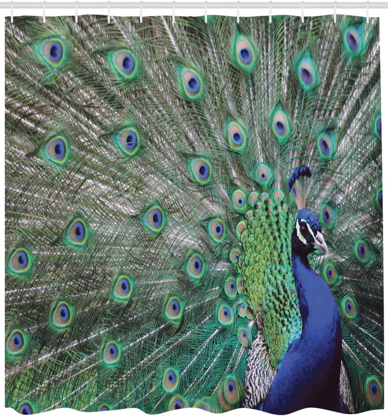 Elegant Peacock Feather Shower Curtain, Displaying Majestic Feathers Picture With Open Wings - Image 2