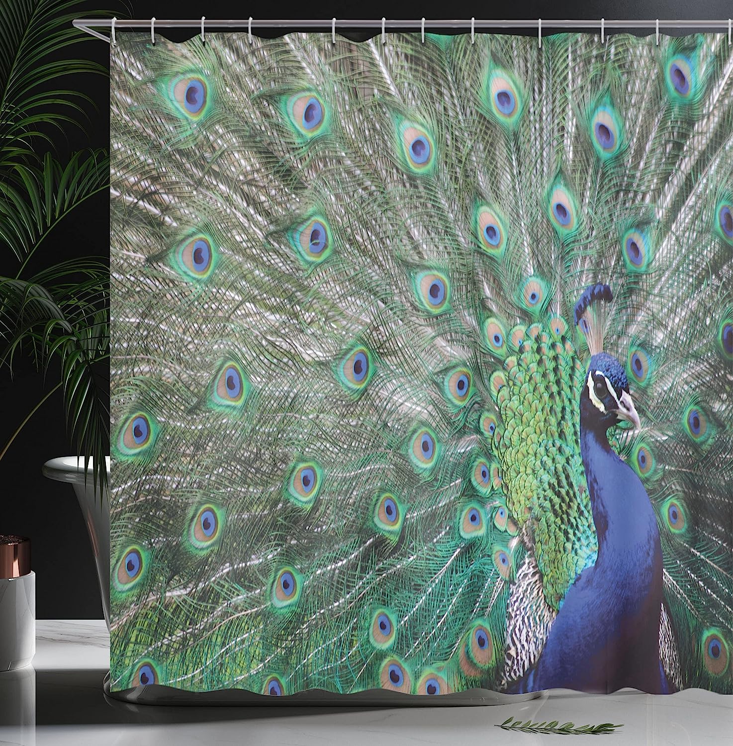 Elegant Peacock Feather Shower Curtain, Displaying Majestic Feathers Picture With Open Wings - Image 3