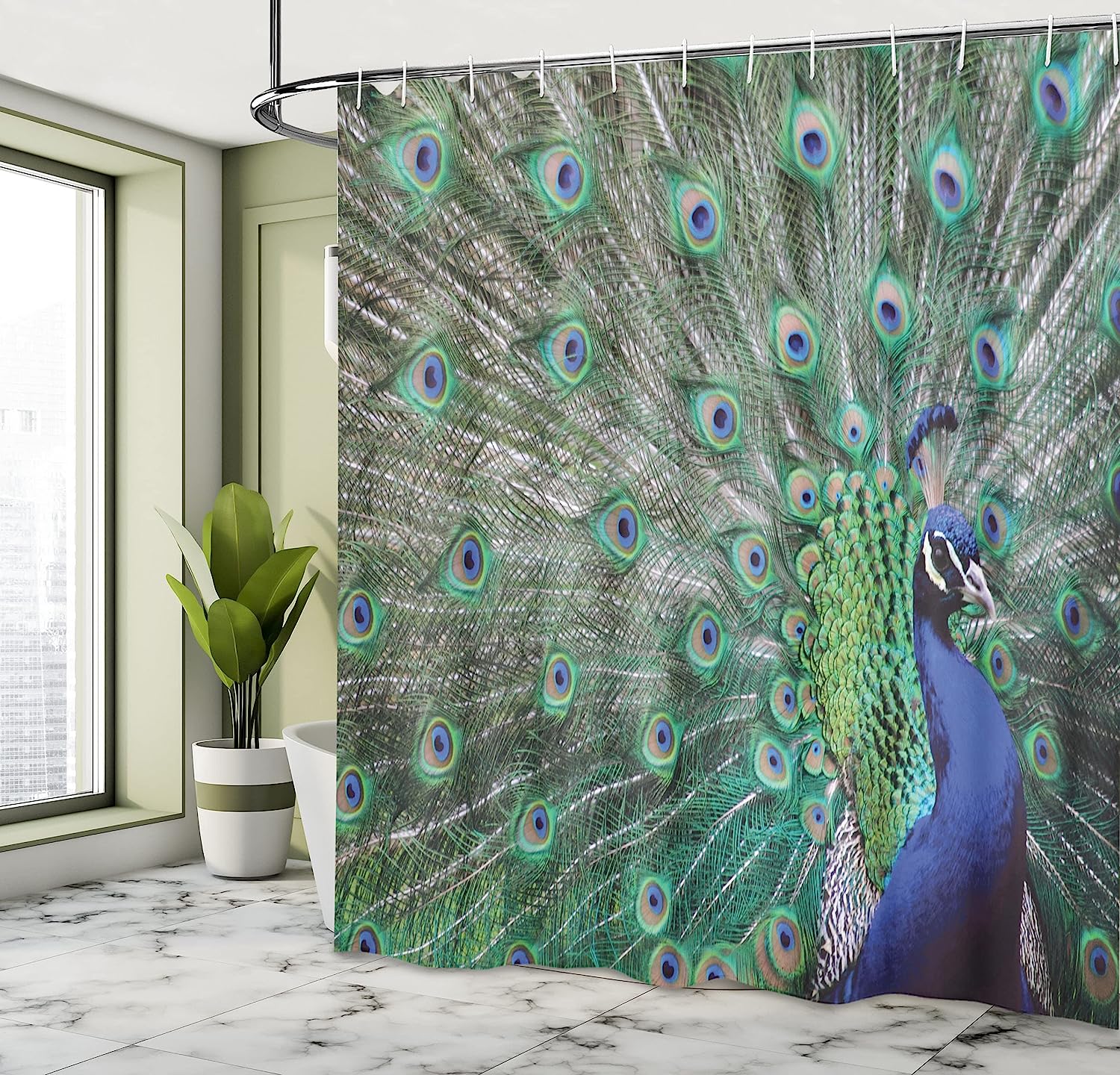 Elegant Peacock Feather Shower Curtain, Displaying Majestic Feathers Picture With Open Wings - Image 4