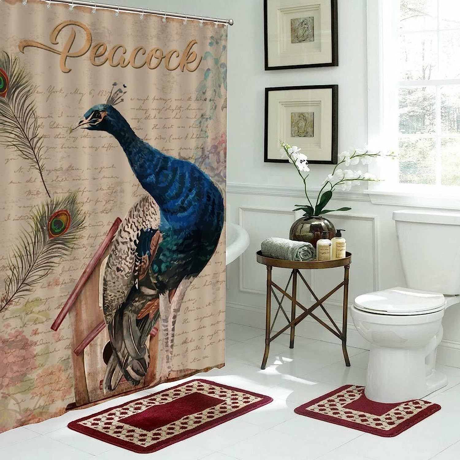 Elegant Peacock Letter Background Shower Curtain with Floral Design - Vintage Bath Curtain for Hotel