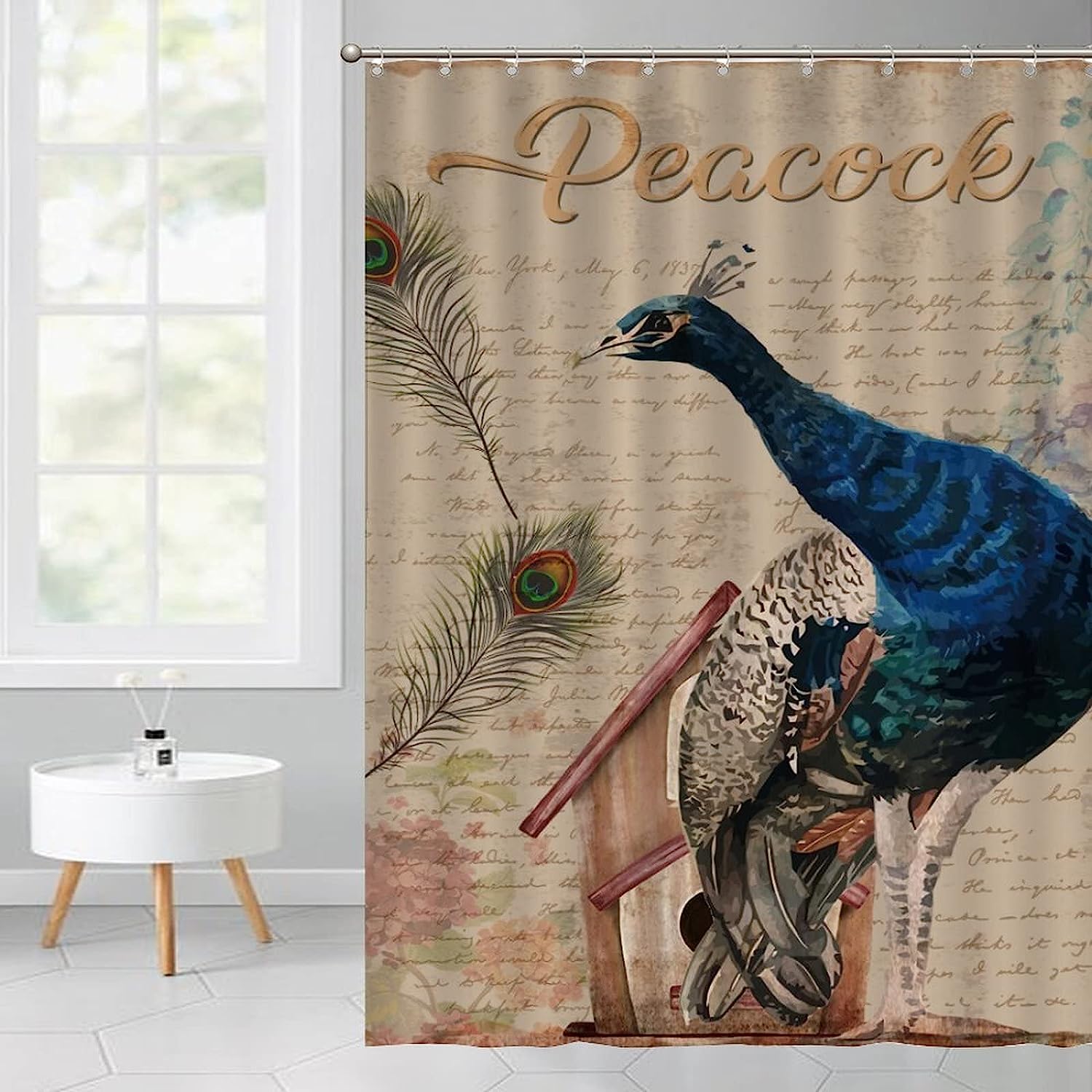 Elegant Peacock Letter Background Shower Curtain with Floral Design - Vintage Bath Curtain for Hotel