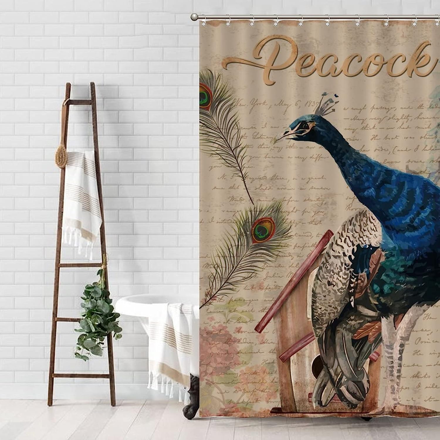 Elegant Peacock Letter Background Shower Curtain with Floral Design - Vintage Bath Curtain for Hotel