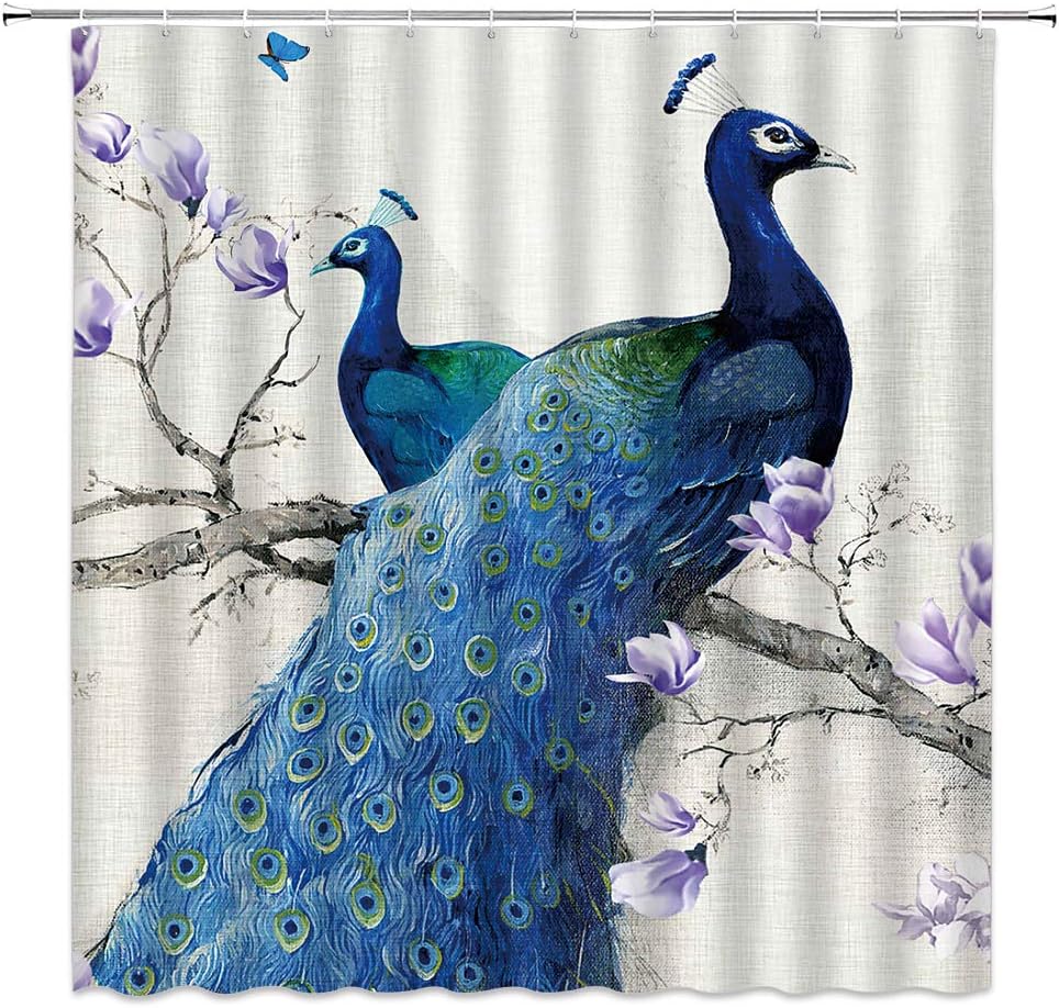 Elegant Peacock Print Magnolia Flower Shower Curtain For Your Bathroom - Image 2