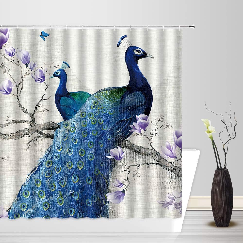 Elegant Peacock Print Magnolia Flower Shower Curtain For Your Bathroom - Image 3