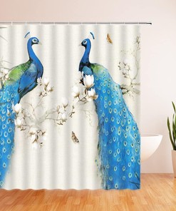 Elegant Peacock Shower Curtain with Retro Asian Floral Bird and Spring Plant Branch for Vintage Bathroom 