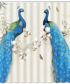 Elegant Peacock Shower Curtain with Retro Asian Floral Bird and Spring Plant Branch for Vintage Bathroom