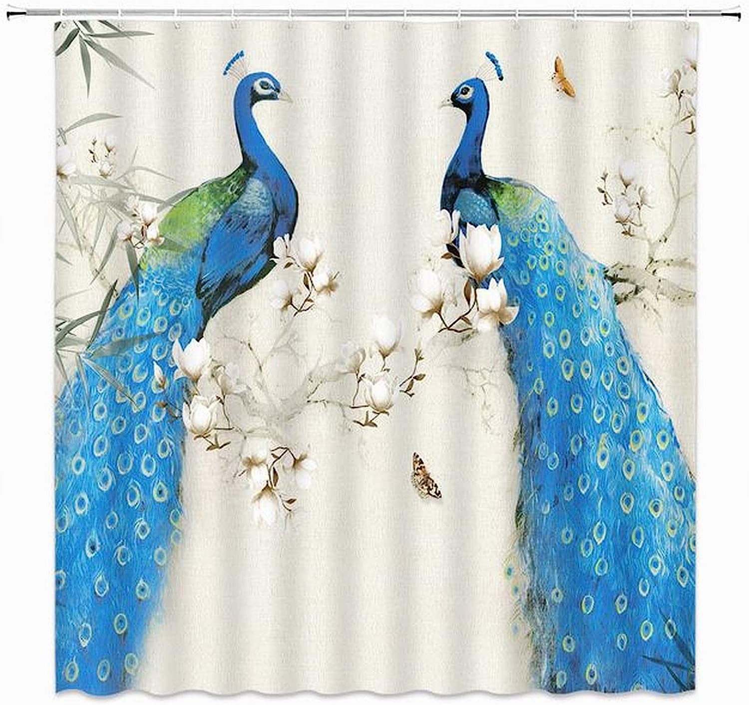 Elegant Peacock Shower Curtain with Retro Asian Floral Bird and Spring Plant Branch for Vintage Bathroom