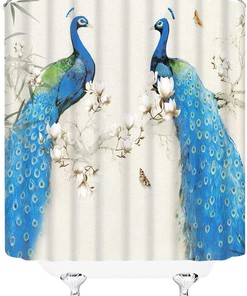 Elegant Peacock Shower Curtain with Retro Asian Floral Bird and Spring Plant Branch for Vintage Bathroom