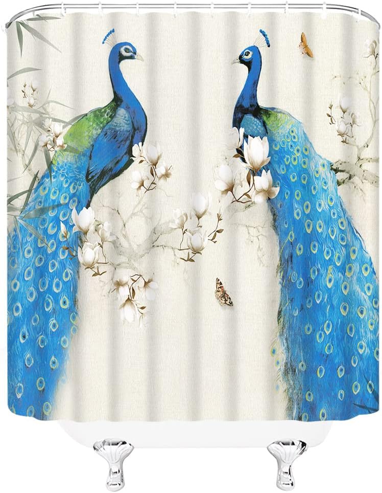 Elegant Peacock Shower Curtain with Retro Asian Floral Bird and Spring Plant Branch for Vintage Bathroom