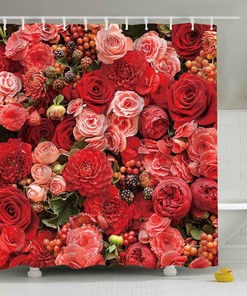 Elegant Pink and Red Rose Flower Fabric Shower Curtain Floral Bathroom Decor