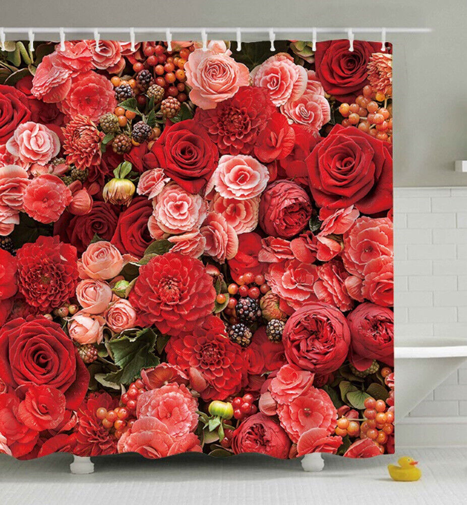 Elegant Pink and Red Rose Flower Fabric Shower Curtain Floral Bathroom Decor