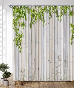 Elegant Retro Beige PZMPZM Bamboo Shower Curtain Set with Green Leaves Plant Board for Unique Bathroom Decor
