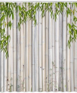 Elegant Retro Beige PZMPZM Bamboo Shower Curtain Set with Green Leaves Plant Board for Unique Bathroom Decor