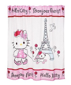 Elegant Rhinestone Hello Kitty Bonjour Paris Fabric Shower Curtain - A Rare Find For Your Bathroom Decor