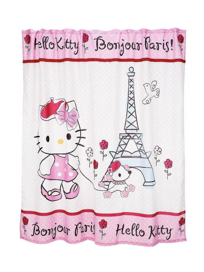 Elegant Rhinestone Hello Kitty Bonjour Paris Fabric Shower Curtain - A Rare Find For Your Bathroom Decor
