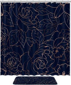 Elegant Rose Gold Navy Blue Pattern Shower Curtain Bath Mat Durable Waterproof Bathroom Decor