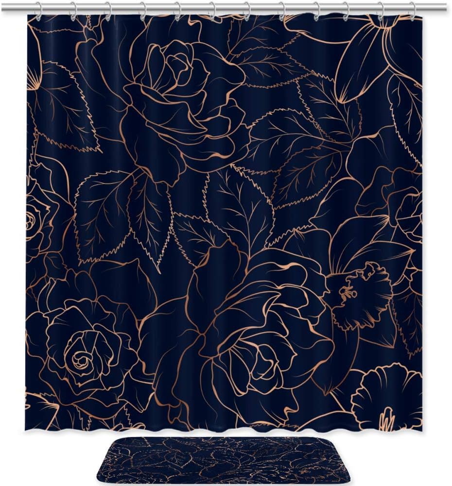 Elegant Rose Gold Navy Blue Pattern Shower Curtain Bath Mat Durable Waterproof Bathroom Decor