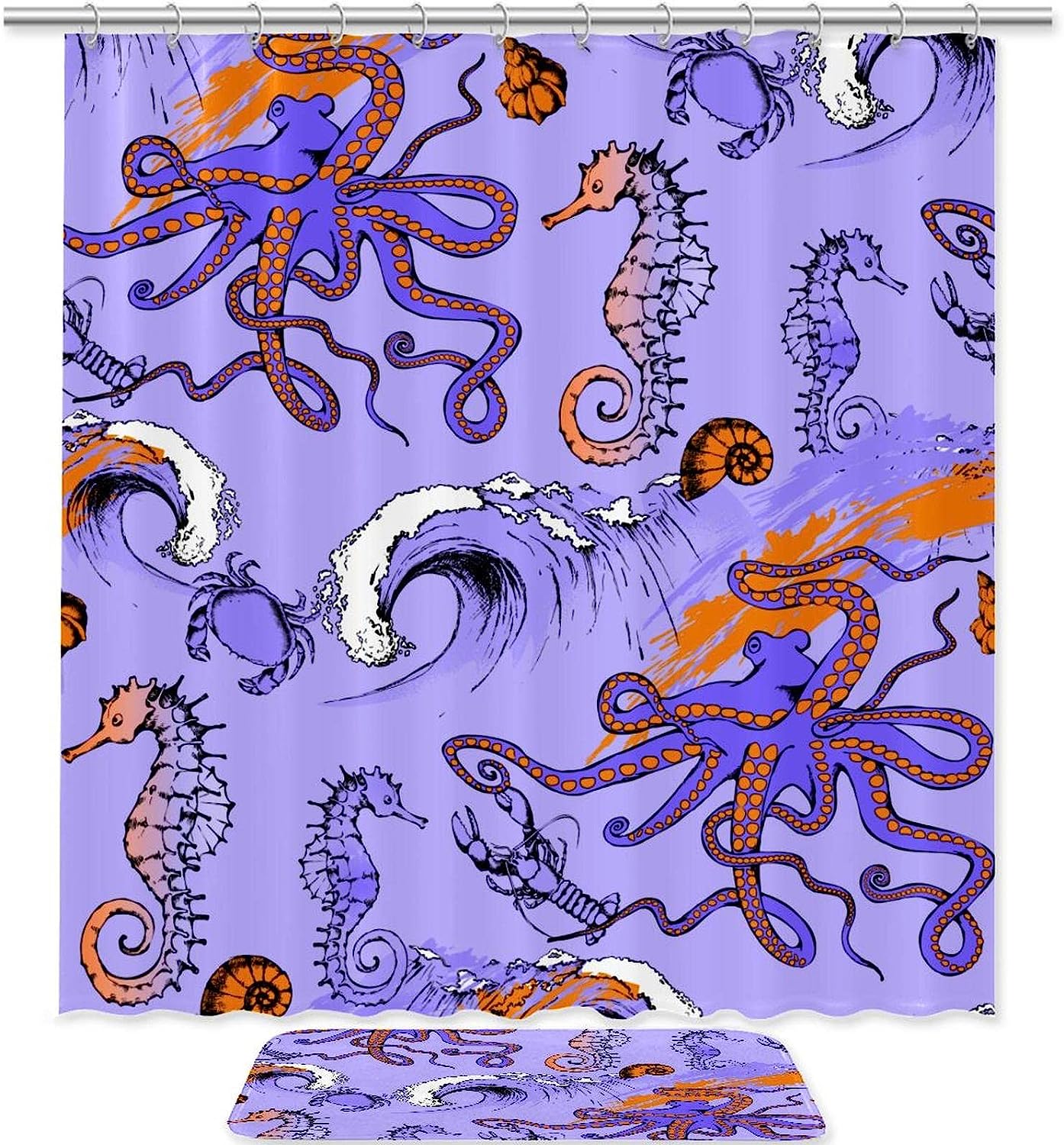 Elegant Seahorse and Octopus Shower Curtain - Waterproof Bathroom Decors.