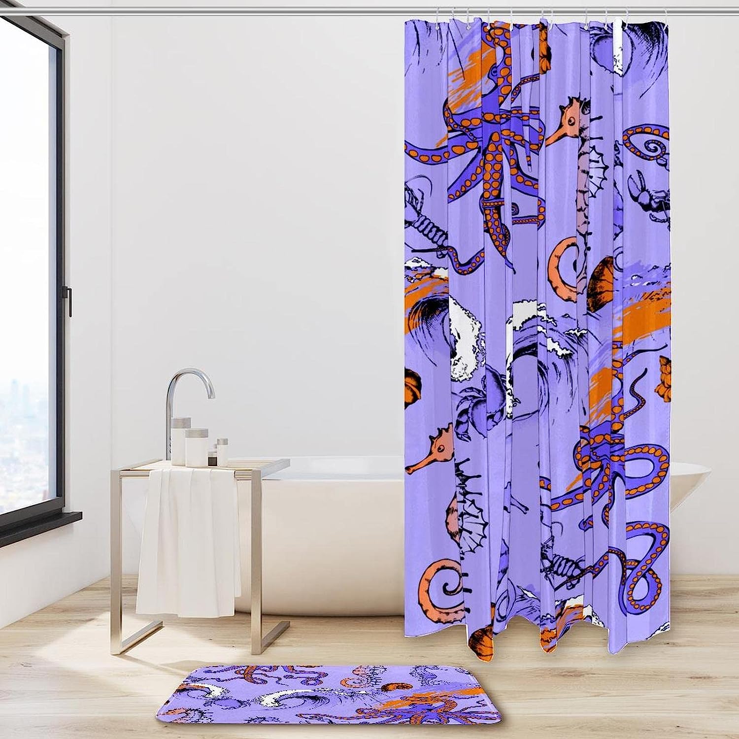 Elegant Seahorse and Octopus Shower Curtain - Waterproof Bathroom Decors.