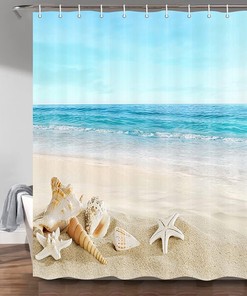 Elegant Shower Curtain with Starfish and Seashell Beach Theme Design