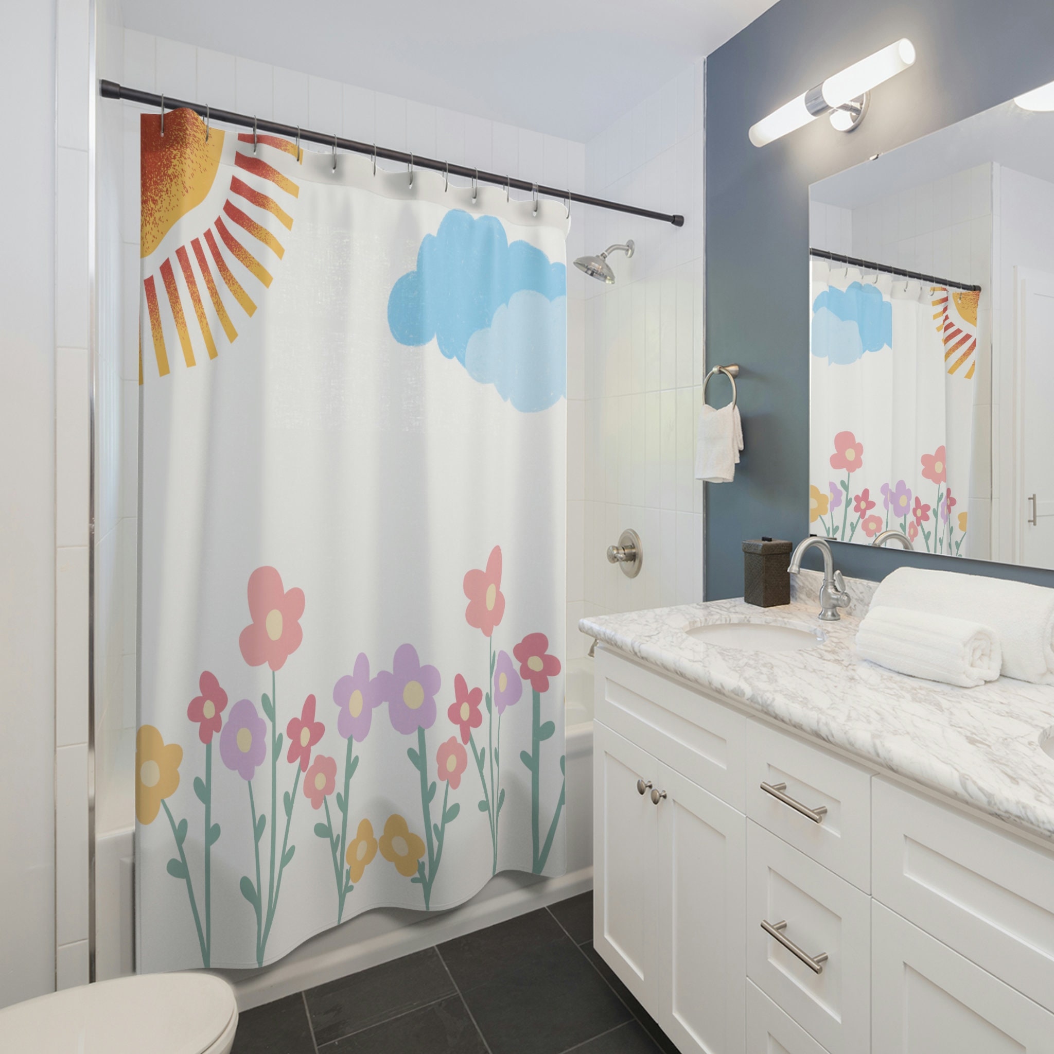 Elegant Sunny Flower Shower Curtain, Floral Theme Bathroom Decor, Romantic Bath Accessory