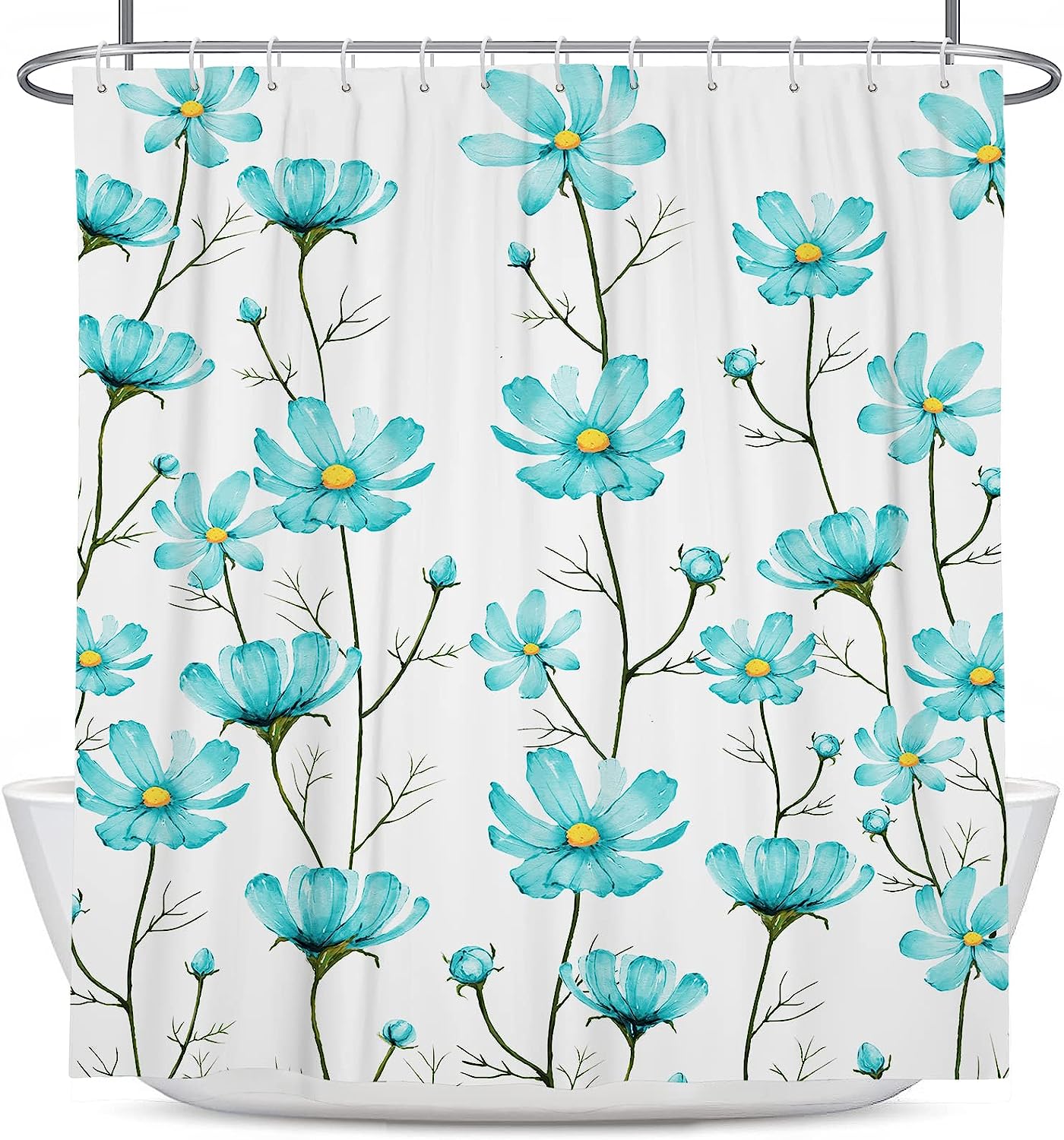 Elegant Teal Floral Shower Curtain For Spring Bathroom Decor