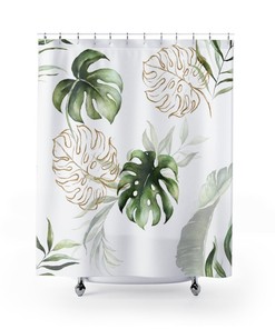 Elegant Tropical Leaf Shower Curtain - Botanical Floral Bathroom Decor, Green And Beige Print, Modern Design