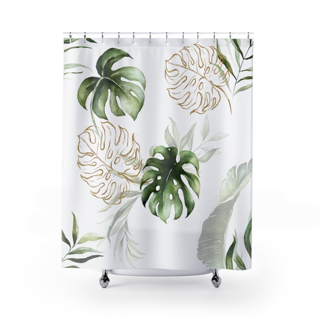 Elegant Tropical Leaf Shower Curtain - Botanical Floral Bathroom Decor, Green And Beige Print, Modern Design