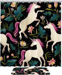 Elegant Unicorn in Lotus Pond Decorative Shower Curtain