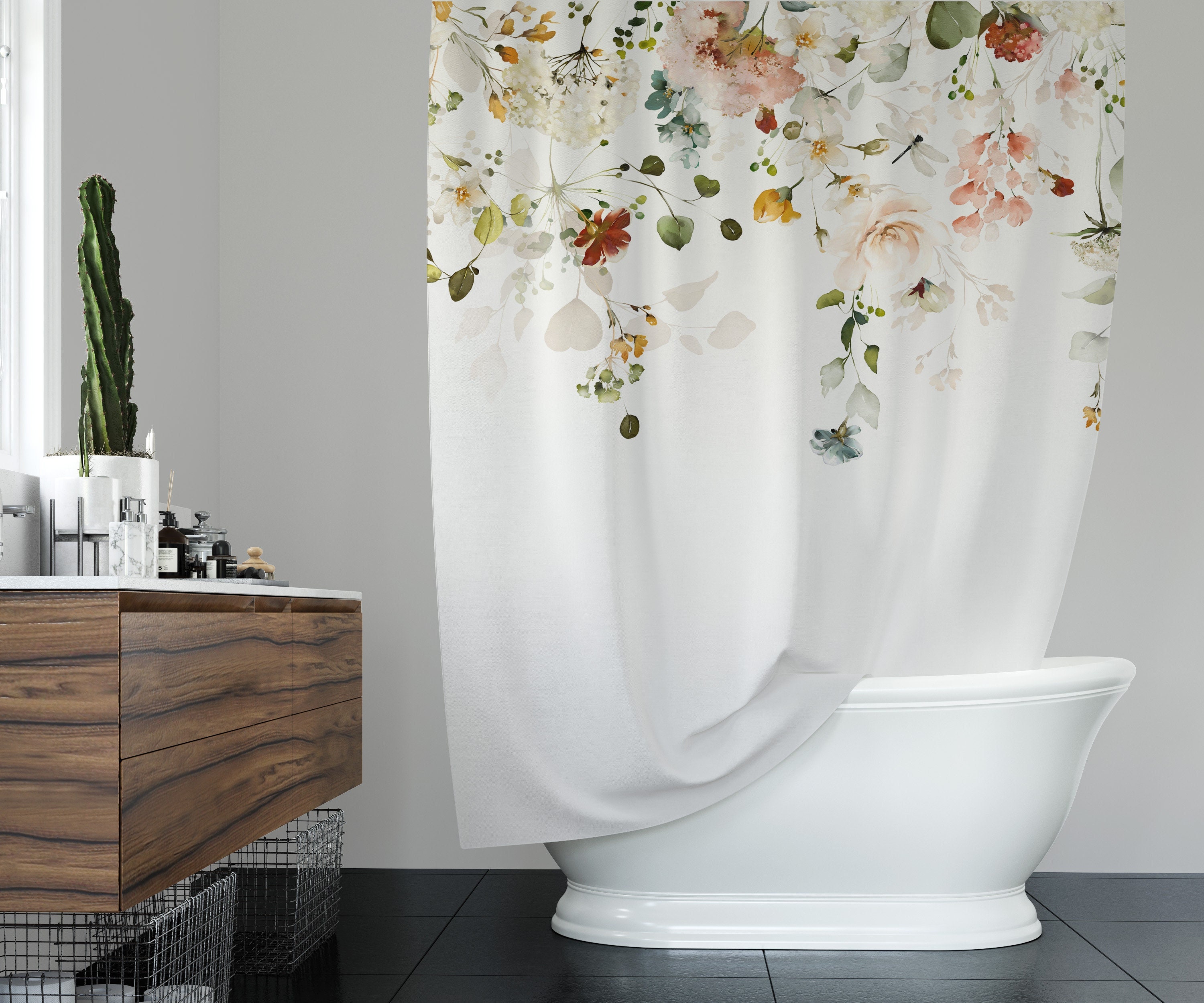 Elegant Vine Flowers Shower Curtain - Watercolor Design With Beautiful Flowers And Vine