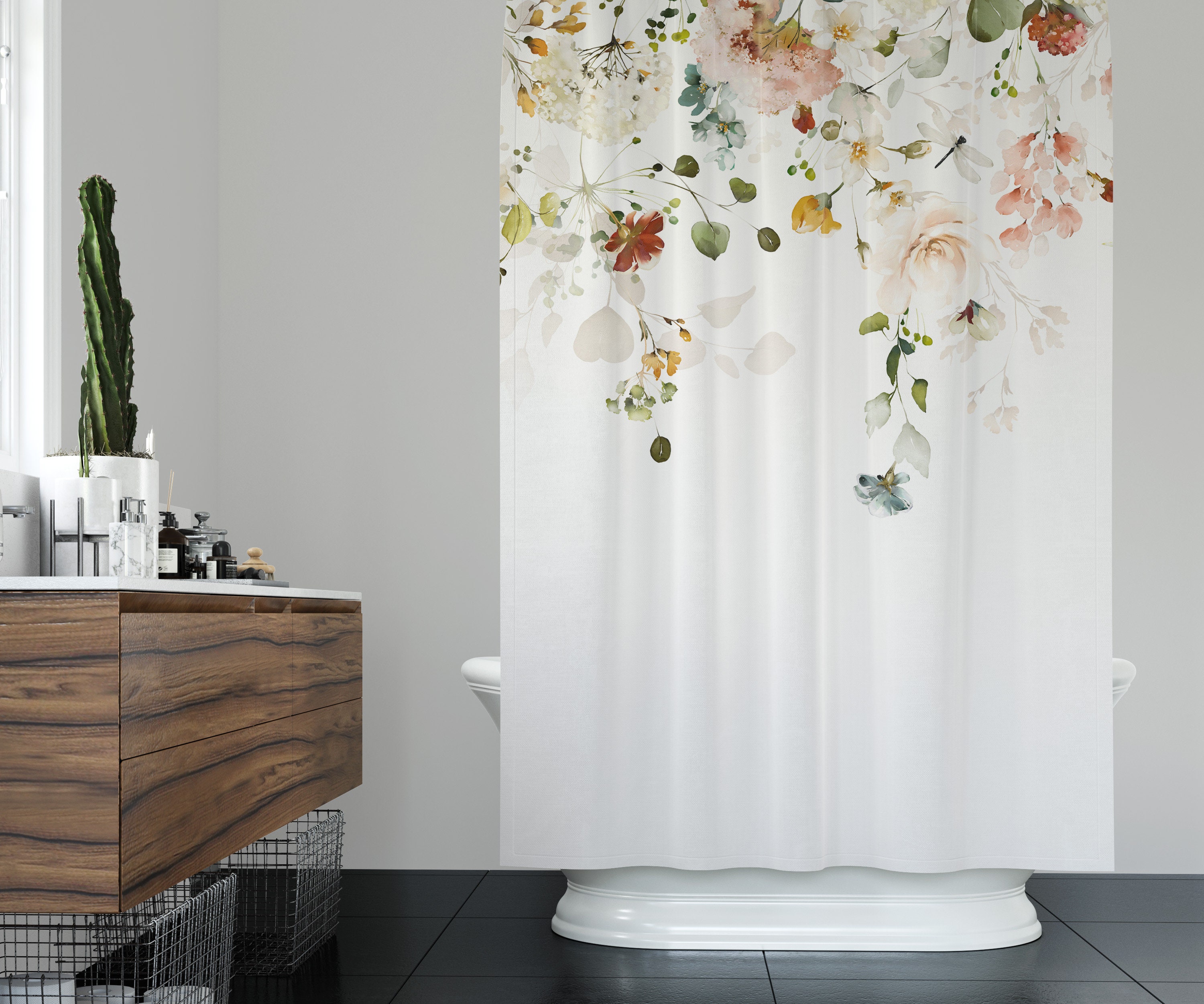 Elegant Vine Flowers Shower Curtain - Watercolor Design With Beautiful Flowers And Vine