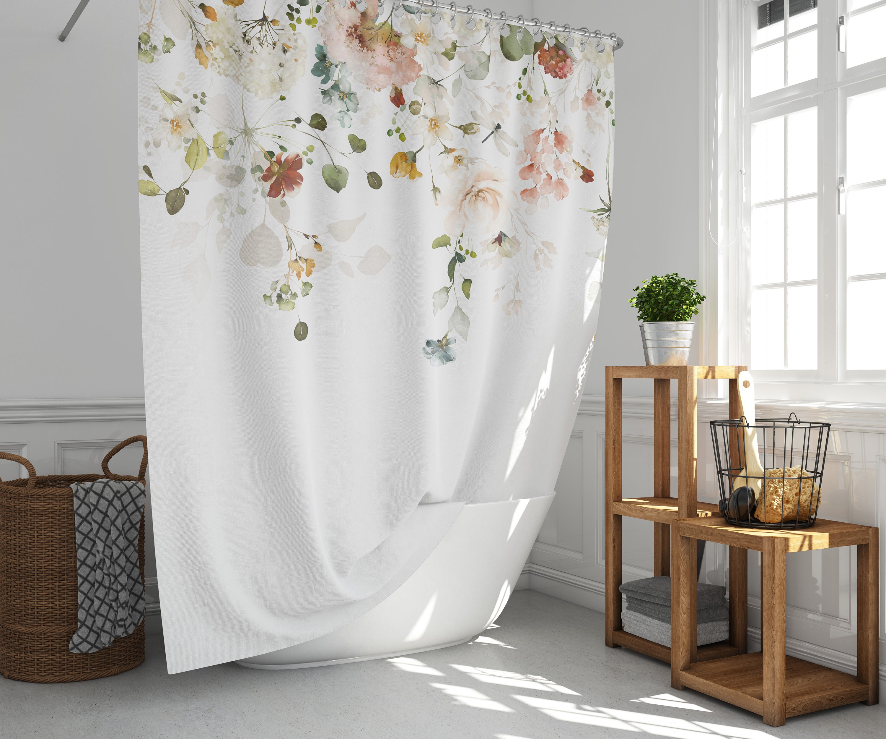 Elegant Vine Flowers Shower Curtain - Watercolor Design With Beautiful Flowers And Vine