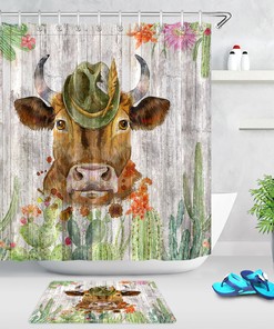 Elegant Watercolor Cow and Cactus Rustic Wood Plank Shower Curtain for Your Chic Bathroom