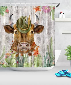 Elegant Watercolor Cow and Cactus Rustic Wood Plank Shower Curtain for Your Chic Bathroom