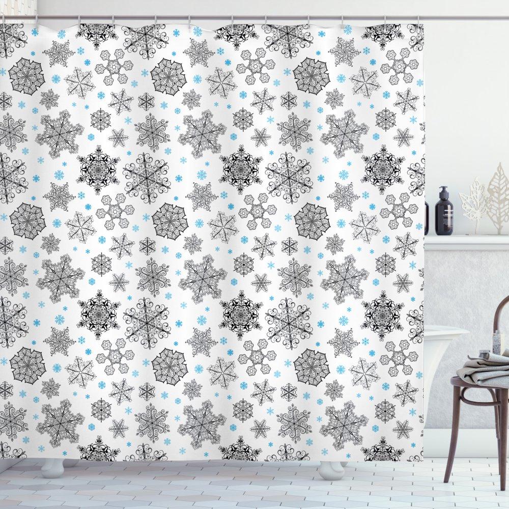 Elegant White Lace Snowflake Print Shower Curtain for Winter Season Bathroom Decor
