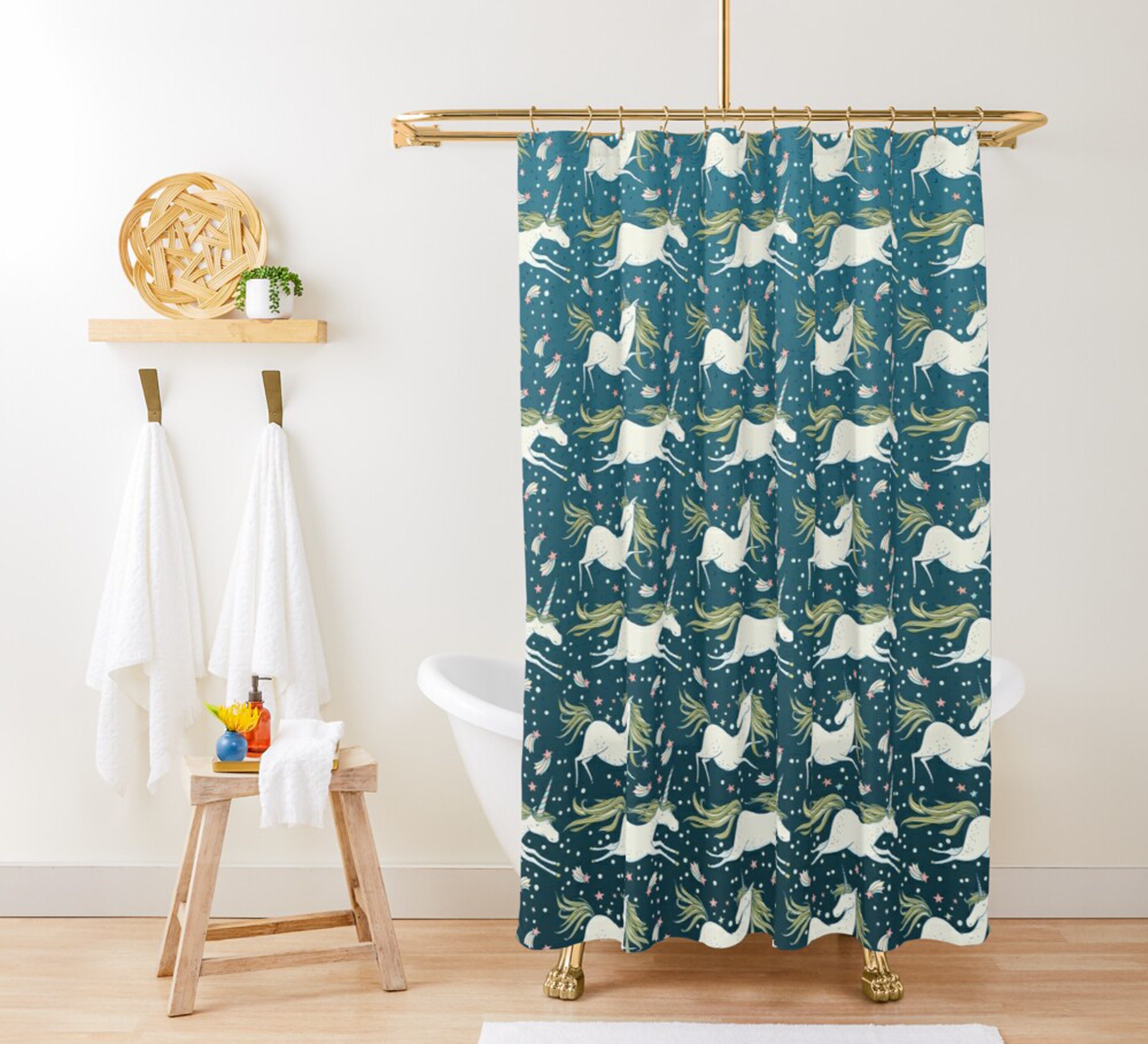 Elegant White Unicorns animal pattern fabric Bathroom Curtain for Magical Home Bathroom Decor
