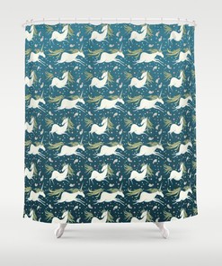 Elegant White Unicorns animal pattern fabric Bathroom Curtain for Magical Home Bathroom Decor