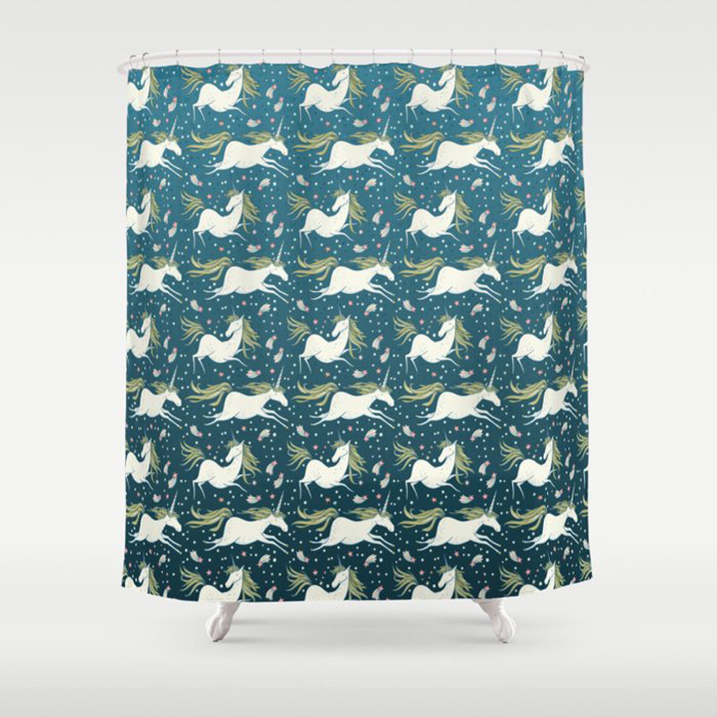 Elegant White Unicorns animal pattern fabric Bathroom Curtain for Magical Home Bathroom Decor