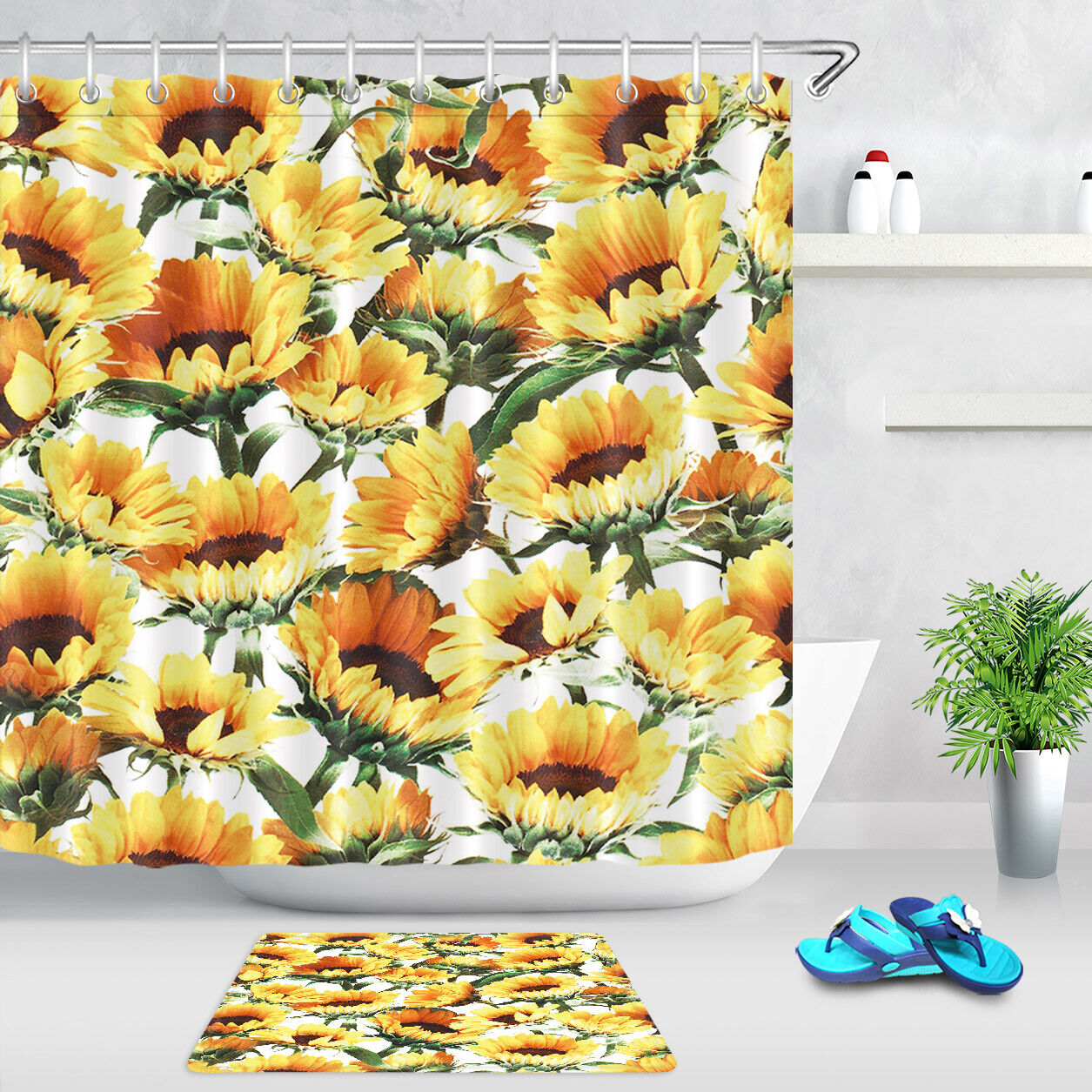 Elegant White Yellow Sunflower Vintage Bathroom Shower Curtain, Rustic Farmhouse Decor, Waterproof Fabric