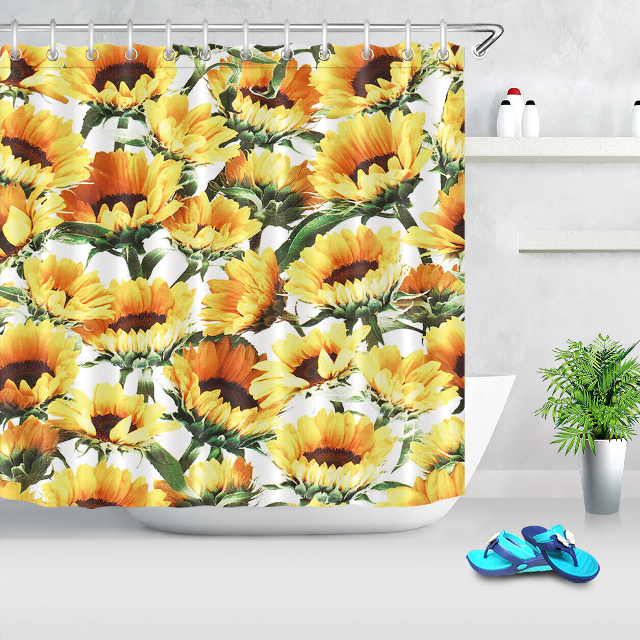 Elegant White Yellow Sunflower Vintage Bathroom Shower Curtain, Rustic Farmhouse Decor, Waterproof Fabric